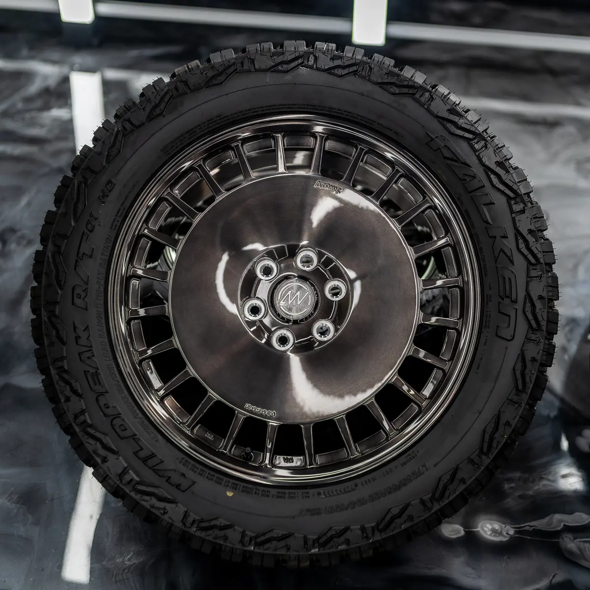 22-Inch Awdx Gloss Brushed Grey Wheels + Falken Wildpeak R/T Lt285/55 R22 Tire Set For Tesla Cybertruck (Demo Set) 1