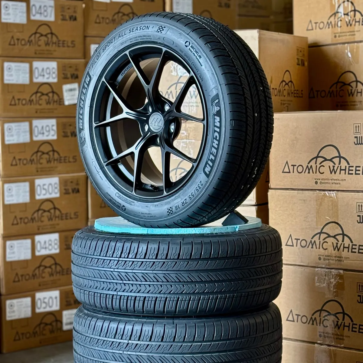 18-Inch Awzz Satin Black Wheels + Michelin Pilot Sport 4 As 235/55R18 Tire Set For Tesla Model Y 1