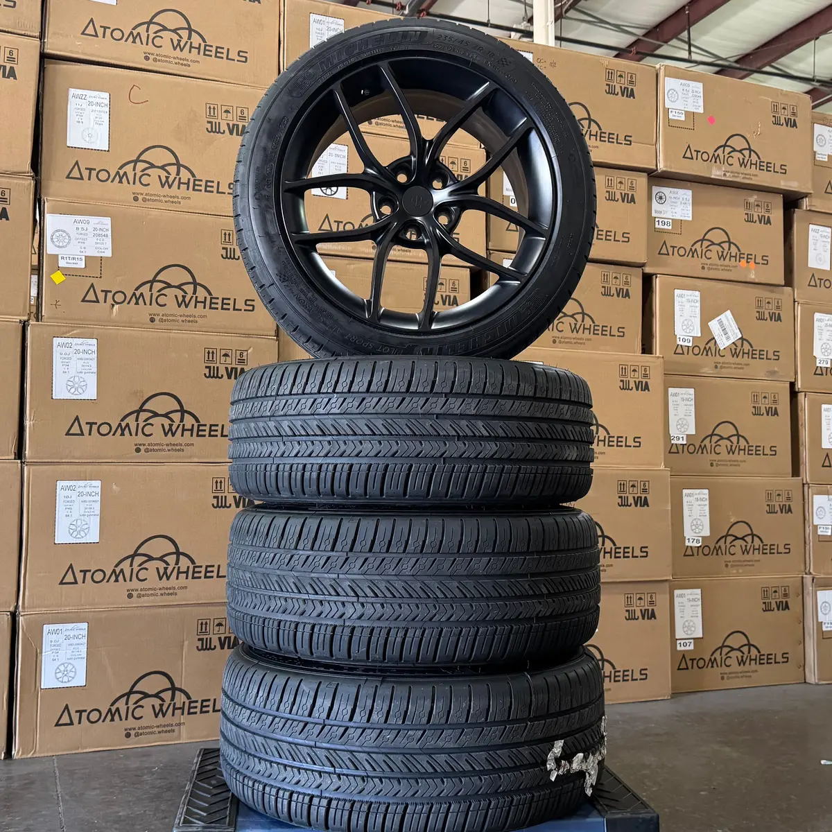 18-Inch Aw21 Satin Black Wheels + Michelin Pilot Sport All Season 4 235/45R18 Tire Set For Tesla Model 3 1